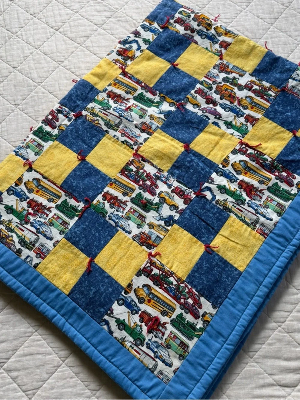 Handmade Kids Vehicle Patchwork Quilt - Yellow & Blue